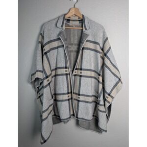 LOFT‎ Cape Sweater Womens M L Gray Plaid Collared Dolman Sleeve Open Pockets